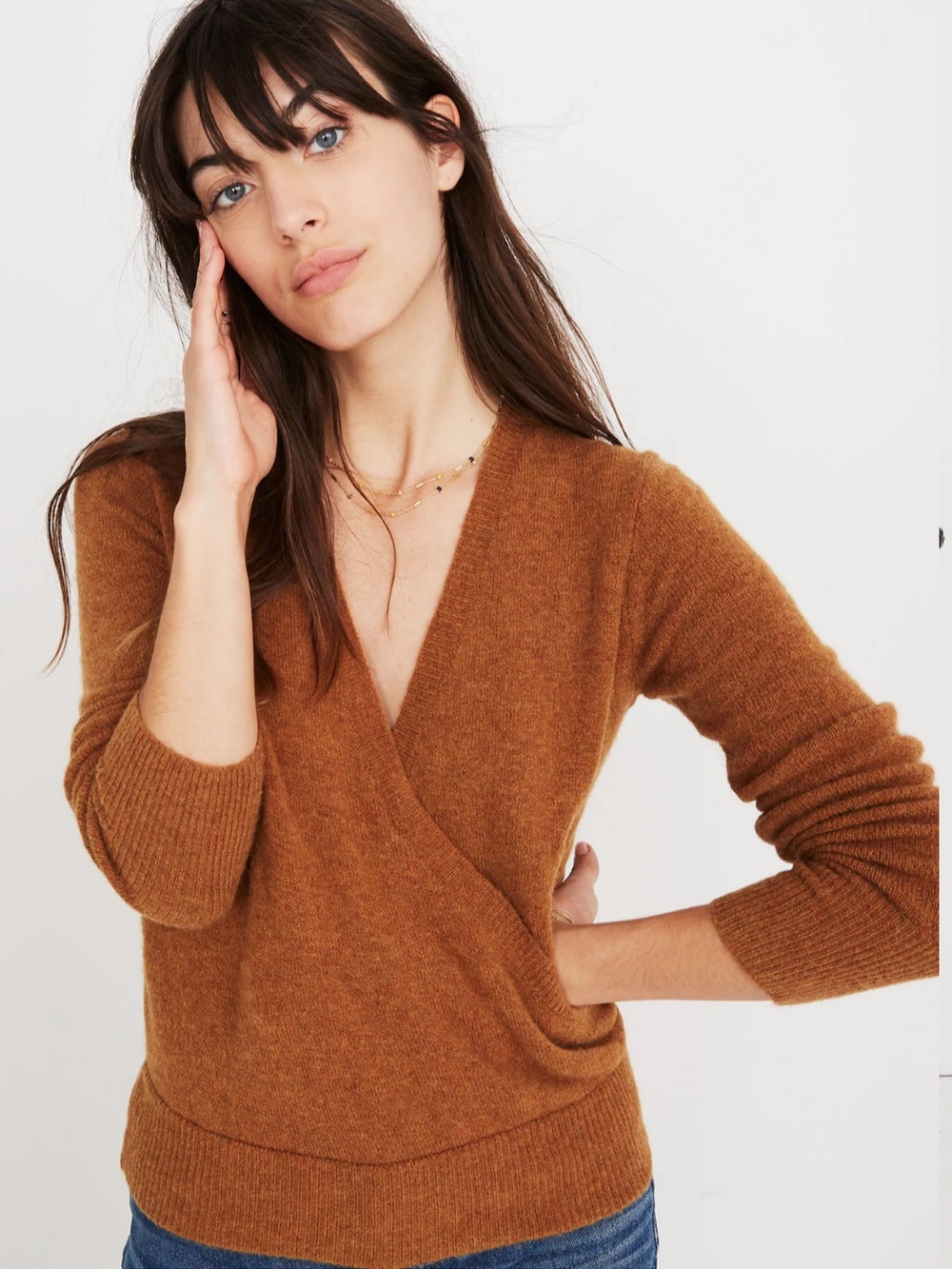 Madewell Wrap Front Coziest Yarn Merino Alpaca Sweater Heather Harvest